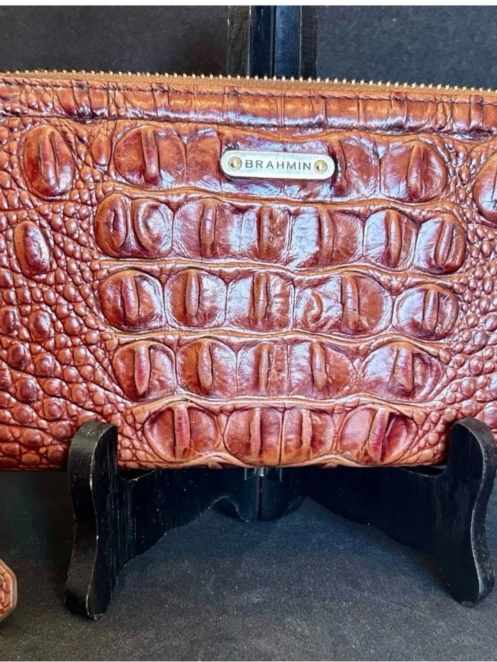 Vintage Brahmin Suri Leather Long Wallet Zip Around Cognac Brown Croc Embossed